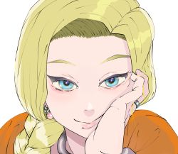 Rule 34 | 1girl, bianca (dq5), blonde hair, blue eyes, braid, close-up, closed mouth, dragon quest, dragon quest v, earrings, eye focus, hair over shoulder, head rest, highres, jewelry, long hair, looking at viewer, peiroke, ring, side braid, simple background, smile, solo, square enix, wedding band, white background