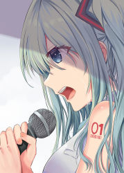 Rule 34 | 1girl, absurdres, aqua eyes, aqua hair, barcode tattoo, bare shoulders, commentary, hair ornament, hatsune miku, highres, hisuka, holding, holding microphone, long hair, microphone, music, number tattoo, open mouth, portrait, shoulder tattoo, singing, symbol-only commentary, tattoo, tears, twintails, vocaloid