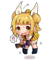 Rule 34 | !?, 1girl, arm ribbon, arrow (symbol), belt, black footwear, blonde hair, blush, boots, brown eyes, chibi, double bun, dress, flying, hair bun, hair ribbon, joutouguu mayumi, looking to the side, nervous, nr myt, open mouth, polearm, puffy short sleeves, puffy sleeves, purple belt, red ribbon, ribbon, shadow, shirt, short hair, short sleeves, shorts, simple background, solo, spear, touhou, weapon, white background, white ribbon, white shirt, white shorts, yellow dress, yellow eyes