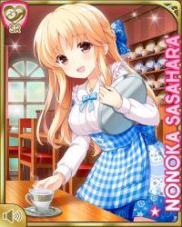Rule 34 | 1girl, apron, blue bow, blue dress, bow, bowtie, breasts, brown eyes, cafe, card (medium), chair, checkered apron, checkered clothes, cup, dress, girlfriend (kari), indoors, large breasts, light brown hair, long hair, looking at viewer, official art, open mouth, qp:flapper, sasahara nonoka, shirt, smile, standing, table, tagme, teacup, waitress, white shirt, wooden floor