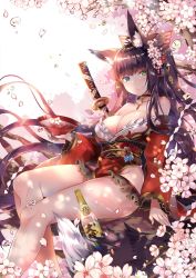 Rule 34 | animal ear fluff, animal ears, bare legs, bare shoulders, black collar, black hair, blue eyes, blush, bottle, breasts, butterfly hair ornament, cherry blossoms, cleavage, closed mouth, collar, cup, day, detached collar, flower, fox ears, fox girl, fox tail, green eyes, hair flower, hair ornament, heterochromia, highres, hip vent, holding, holding cup, in tree, japanese clothes, kimono, large breasts, long hair, long sleeves, looking at viewer, off shoulder, original, outdoors, petals, ponytail, red kimono, sakazuki, sake bottle, sash, sheath, sheathed, sitting, sitting in tree, smile, solo, sword, tail, tree, tree shade, usagihime, very long hair, weapon
