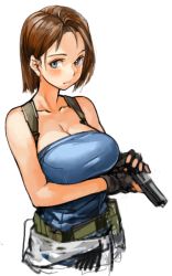 Rule 34 | 1girl, bare shoulders, black gloves, blue eyes, blush, breasts, brown hair, capcom, cleavage, clothes around waist, collarbone, female focus, fingerless gloves, gloves, gun, handgun, holding, holding gun, holding weapon, jill valentine, large breasts, looking away, pistol, resident evil, resident evil 3, resident evil 3: nemesis, sachito, short hair, simple background, solo, upper body, weapon, white background