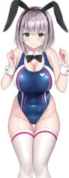 Rule 34 | 1girl, absurdres, animal ears, arena (company), bare shoulders, blush, bow, bowtie, breasts, cleavage, closed mouth, competition swimsuit, covered navel, detached collar, fake animal ears, green eyes, grey hair, highleg, highleg swimsuit, highres, hololive, large breasts, leotard, looking at viewer, mizunashi kenichi, one-piece swimsuit, playboy bunny, playboy bunny swimsuit, rabbit ears, shirogane noel, short hair, smile, solo, standing, swimsuit, thigh gap, thighhighs, virtual youtuber, white background, white thighhighs, wrist cuffs