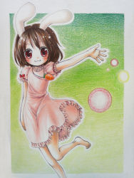 Rule 34 | 1girl, :3, animal ears, bad id, bad pixiv id, barefoot, brown hair, colored pencil (medium), dress, female focus, highres, inaba tewi, jewelry, looking at viewer, marker (medium), millipen (medium), necklace, outstretched arm, outstretched hand, rabbit ears, red eyes, sawada moco, short hair, short sleeves, solo, standing, standing on one leg, touhou, traditional media, wide-eyed