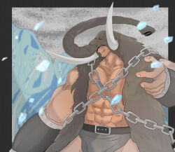 Rule 34 | 1boy, abs, absurdres, artist request, biceps, chain, clenched hand, fur trim, highres, horns, kinnikuman, large pectorals, looking to the side, mammoth horns, mammothman, manly, mask, monster boy, muscular, pectorals, red eyes, sky, snow, snowing, standing, wrestling, wrestling outfit
