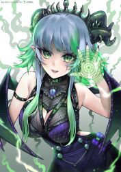 Rule 34 | 1girl, absurdres, apricot the lich, apricot the lich (1st costume), black collar, breasts, cleavage, collar, demon horns, demon wings, dress, green eyes, green hair, highres, horns, large breasts, looking at viewer, magic circle, medium hair, multicolored hair, nail polish, pointy ears, purple dress, purple nails, sleeveless, sleeveless dress, smile, solo, streaked hair, virtual youtuber, viviria, vshojo, wings