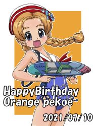 Rule 34 | 1girl, :d, alternate hairstyle, blue eyes, blue one-piece swimsuit, border, braid, character name, commentary, cowboy shot, dated, dixie cup hat, emblem, english text, girls und panzer, girls und panzer senshadou daisakusen!, hair down, hair tie, happy birthday, hat, headband, holding, looking at viewer, military hat, one-piece swimsuit, open mouth, orange background, orange hair, orange pekoe (girls und panzer), outside border, parted bangs, red headband, sailor collar, saunders (emblem), short hair, smile, solo, standing, super soaker, swimsuit, takahashi kurage, twin braids, twintails, white border