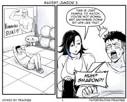 Rule 34 | 1girl, 2boys, 2koma, artist name, bald, ball, black hair, blue hair, collarbone, comic, curly hair, english text, exercising, exercise ball, flexing, greyscale, hands on own knees, heart, long hair, monochrome, multicolored hair, multiple boys, muscular, muscular male, original, pants, partially colored, patreon username, peach88, poster (object), sharon wong, shirt, sit-up, speech bubble, sports bra, streaked hair, surprised, sweat, tank top, undercut, yoga mat, yoga pants