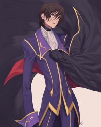 Rule 34 | 1boy, artist name, ascot, black cape, black gloves, blue jacket, blue pants, brown hair, cape, clenched hand, code geass, cowboy shot, gloves, hair between eyes, hand up, highres, jacket, lelouch vi britannia, looking at viewer, male focus, open mouth, pants, purple eyes, short hair, sidelocks, signature, simple background, solo, two-sided fabric, v-shaped eyebrows, white ascot, white background, wozue