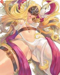 Rule 34 | 1girl, absurdres, alva (artofalva), angel, angel girl, angel wings, angewomon, ass, belt, blonde hair, breasts, buckle, digimon, digimon (creature), female focus, gluteal fold, highres, large breasts, lipstick, long hair, makeup, mask, monster girl, navel, revealing clothes, solo, thigh strap, wings