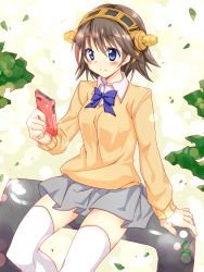 Rule 34 | 10s, 1girl, alternate costume, brown hair, cellphone, hairband, hiei (kancolle), highres, kantai collection, narumiya (empty cafe), personification, phone, school uniform, short hair, skirt, smartphone, smile, solo, sweater, thighhighs, white thighhighs