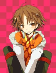Rule 34 | 1boy, blush, bound, child, crying, hanamura yousuke, headphones, kamiyoshi rika, male focus, open mouth, persona, persona 4, red background, simple background, sitting, solo, tagme, tears, tied up