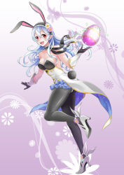 Rule 34 | 1girl, :d, alternate hair color, animal ears, ass, black gloves, black pantyhose, blue hair, breasts, cleavage, collarbone, corrin (female) (fire emblem), corrin (fire emblem), detached collar, duplicate, easter, easter egg, egg, fake animal ears, fake tail, fire emblem, fire emblem fates, fire emblem heroes, floral background, flower, gloves, gradient hair, hair between eyes, hair flower, hair ornament, hairband, high heels, highres, holding, holding egg, ichino tomizuki, leotard, long hair, looking at viewer, medium breasts, multicolored hair, nintendo, open mouth, pantyhose, playboy bunny, pointy ears, rabbit ears, rabbit tail, red eyes, showgirl skirt, smile, solo, strapless, strapless leotard, tail, white footwear, white leotard
