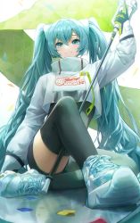 Rule 34 | 1girl, aqua eyes, aqua hair, asymmetrical legwear, black bodysuit, black gloves, black thighhighs, blue eyes, blue hair, bodysuit, closed mouth, confetti, cropped jacket, crossed bangs, dasha, flag, flagpole, gloves, goodsmile racing, green gloves, hair between eyes, hatsune miku, highres, holding, holding flag, jacket, knee up, long hair, official alternate costume, print jacket, racing miku, racing miku (2022), reflective floor, shoelaces, shoes, single thighhigh, sitting, smiley face, sneakers, solo, thighhighs, twintails, two-tone gloves, vocaloid, white jacket