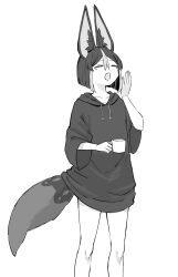 Rule 34 | 1boy, alternate costume, animal ears, bare legs, closed eyes, commentary, cup, fox boy, fox ears, fox tail, genshin impact, hand up, highres, himeko (nico6v6pachi), holding, holding cup, hood, hoodie, male focus, monochrome, no pants, open mouth, short hair, simple background, sketch, solo, tail, tearing up, tighnari (genshin impact), white background, yawning