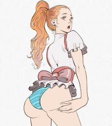 Rule 34 | 1girl, :o, absurdres, alternate costume, ass, back ribbon, blue panties, brown eyes, cowboy shot, earrings, from behind, hand on ass, highres, jewelry, joy boy, long hair, looking back, nami (one piece), nami (one piece) (whole cake island), one piece, orange hair, panties, ponytail, solo, striped clothes, striped panties, thighs, underwear, upskirt, white background