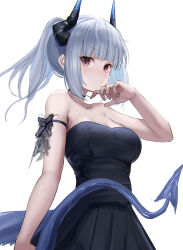 Rule 34 | 1girl, arknights, armband, bare shoulders, black armband, black dress, blush, breasts, cleavage, collarbone, commentary request, dress, grey hair, highres, hime cut, horns, large breasts, liskarm (arknights), long hair, looking at viewer, ponytail, red eyes, sidelocks, simple background, sketch, skindentation, solo, sthk, tail, white background