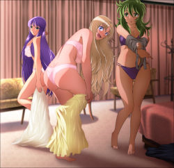 Rule 34 | 10s, 3d background, 3girls, aquila yuna, ass, athena, back, bare shoulders, barefoot, bed, bent over, black eyes, black shirt, blonde hair, blouse, blue eyes, blush, bra, breasts, cleavage, clothes pull, curtains, curvy, dress, feet, frown, green eyes, green hair, highres, indoors, kido saori, large breasts, legs, long hair, looking back, messy hair, multiple girls, navel, open mouth, ophiuchus shaina, panties, pink bra, pink panties, pulling own clothes, purple bra, purple hair, purple panties, saint seiya, saint seiya omega, shirt, sideboob, skindentation, standing, standing on one leg, surprised, thighs, toes, underwear, underwear only, undressing, white bra, white panties, yadokari genpachirou
