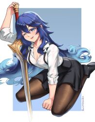 Rule 34 | 1girl, alternate costume, black skirt, blue eyes, blue hair, breasts, burnt green tea, cleavage, collarbone, contemporary, family crest, fire emblem, fire emblem awakening, holding, holding sword, holding weapon, long hair, looking at viewer, lucina (fire emblem), medium breasts, nintendo, one eye closed, pantyhose, parted lips, seiza, sitting, skirt, smile, solo, suspender skirt, suspenders, sword, teeth, upper teeth only, very long hair, watermark, weapon