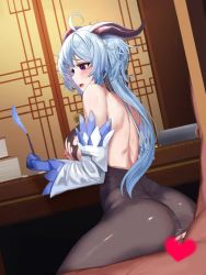 Rule 34 | 1boy, 1girl, ahoge, alternate breast size, animated, back, bare back, bare shoulders, bell, blue gloves, blue hair, blush, bodystocking, bodysuit, book, breasts, brown bodysuit, censored, cowbell, detached sleeves, from behind, ganyu (genshin impact), genshin impact, girl on top, gloves, goat horns, heart, heart censor, hetero, holding, holding quill, horns, large breasts, long hair, looking at viewer, looking back, nipples, open mouth, paper, penis, purple eyes, quill, reverse upright straddle, rinhee, scroll, sex, sex from behind, solo focus, table, tagme, torn bodystocking, torn clothes, video, writing