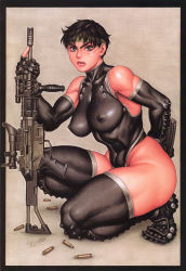 Rule 34 | 1girl, arm behind back, black hair, black thighhighs, boots, breasts, brown eyes, bullet, covered collarbone, covered erect nipples, eyelashes, fingerless gloves, from side, full body, gloves, grey background, gun, halterneck, headband, highres, leotard, lips, looking at viewer, magazine (weapon), muscular, muscular female, on one knee, rifle, scar, scar on face, scope, short hair, simple background, skin tight, solo, squatting, thigh boots, thighhighs, thighs, tsukasa jun, v-shaped eyebrows, very short hair, weapon