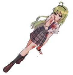 1girl aa211108 ahoge aqua_eyes belt_buckle black_hairband black_socks blood blood_on_arm blood_on_cheek blood_on_clothes blood_on_leg breast_pocket breasts brown_footwear buckle collar collared_shirt dot_nose dutch_angle full_body green_hair hairband holding holding_knife idolmaster idolmaster_million_live! idolmaster_million_live!_theater_days knife licking_blood loafers long_hair looking_at_viewer medium_breasts official_alternate_costume parted_lips plaid_clothes plaid_skirt pocket school_uniform shimabara_elena shirt shoes short_sleeves sidelocks skirt socks solo standing straight_hair very_long_hair white_collar white_shirt