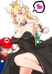Rule 34 | 1boy, 1girl, absurdres, armlet, bare shoulders, black dress, blonde hair, bowsette, bracelet, breasts, cleavage, collar, collarbone, crown, dress, earrings, facial hair, hat, heart, highres, horns, jewelry, large breasts, legs, looking at viewer, mario, mario (series), mustache, new super mario bros. u deluxe, nintendo, open mouth, pointy ears, ponytail, red hat, short hair, simple background, spiked armlet, spiked bracelet, spiked collar, spikes, spoken heart, super crown, v, white background, yeyebirdie