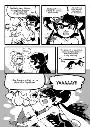 Rule 34 | + +, 2girls, arm grab, callie (splatoon), comic, detached collar, earrings, english text, fangs, flying sweatdrops, food, food on head, gloves, gomipomi, greyscale, grin, highres, inkling, jewelry, long hair, looking at another, marie (splatoon), mole, mole under eye, monochrome, multiple girls, nintendo, object on head, open mouth, parted lips, pointing, pointing up, pointy ears, sharp teeth, short hair, smile, splatoon (series), splatoon 1, strapless, teeth, tentacle hair, upper body