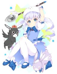 Rule 34 | 1girl, absurdres, animal, animal on head, anko (gochiusa), anko (gochuumon wa usagi desuka?), arm up, between legs, blue bow, blue eyes, blue footwear, blue gk, blue ribbon, bow, bowtie, dress, eyebrows, full body, gloves, gochuumon wa usagi desu ka?, hair ornament, hand between legs, highres, holding, holding spoon, kafuu chino, lace, lace-trimmed gloves, lace trim, long hair, looking at viewer, magical girl, mary janes, on head, pantyhose, rabbit, rabbit on head, ribbon, shoes, silver hair, solo, spoon, tippy (gochiusa), tippy (gochuumon wa usagi desuka?), twintails, white gloves, white pantyhose, wild geese
