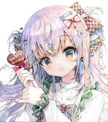 Rule 34 | 1girl, black bow, black nails, blue eyes, bow, candy, closed mouth, comiket 103, commentary request, food, formal, frilled sleeves, frills, grey hair, hair between eyes, hair bow, hands up, happy holidays, head tilt, heart, heart-shaped lollipop, holding, holding candy, holding food, holding lollipop, lollipop, long sleeves, looking at viewer, mizuki yuuma, multicolored nails, nail art, original, painting (medium), plaid, plaid bow, polka dot, polka dot bow, puffy long sleeves, puffy sleeves, red bow, red nails, shaped lollipop, simple background, sleeves past wrists, smile, solo, suit, traditional media, two side up, upper body, watercolor (medium), white background, white suit