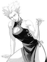 Rule 34 | 1girl, absurdres, bare arms, bare shoulders, breasts, china dress, chinese clothes, cleavage cutout, clothing cutout, cross-laced clothes, cross-laced slit, dress, dudlesnoodles, garou (one-punch man), genderswap, genderswap (mtf), greyscale, highres, lips, looking to the side, medium breasts, monochrome, muscular, muscular female, one-punch man, pelvic curtain, pointy hair, sleeveless, sleeveless dress, solo, symbol-only commentary, thighs, v-shaped eyebrows