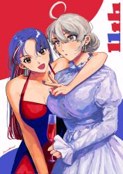 Rule 34 | 2girls, anniversary, arm around neck, blue hair, blue nails, breasts, brown eyes, champagne flute, cleavage, cup, dress, drinking glass, earrings, grey eyes, grey hair, hair between eyes, halterneck, highres, holding, holding cup, jewelry, juliet sleeves, kantai collection, large breasts, long hair, long sleeves, multiple girls, nail polish, nidou, open mouth, puffy sleeves, red dress, red hair, signature, simple background, sleeveless, sleeveless dress, south dakota (kancolle), two-tone background, v, washington (kancolle), white dress, white hair