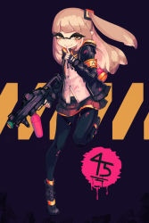 Rule 34 | 1girl, armband, black footwear, black jacket, black pantyhose, blunt bangs, boots, brown eyes, brown hair, closed mouth, commentary request, dark background, eyebrows hidden by hair, finger to mouth, full body, girls&#039; frontline, gun, h&amp;k ump, hair ornament, hand up, highres, holding, holding gun, holding weapon, index finger raised, inkling, inkling player character, jacket, long hair, looking at viewer, makaroll, miniskirt, neck ribbon, nintendo, one side up, open clothes, open jacket, paintball, pantyhose, partial commentary, pigeon-toed, pleated skirt, purple background, ribbon, shirt, shushing, sidelocks, skirt, smile, solo, splatoon (series), standing, standing on one leg, tentacle hair, tiptoes, ump45 (girls&#039; frontline), untucked shirt, weapon, white shirt