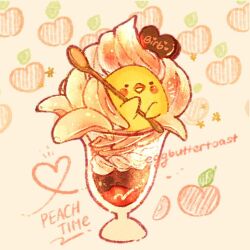 artist_name bird candy chocolate chocolate_heart commentary english_commentary english_text food food_focus fruit glass heart heart-shaped_food heart_of_string holding holding_spoon ice_cream nao_(bestrollever) no_humans original peach spoon star_(symbol) sundae yellow_background