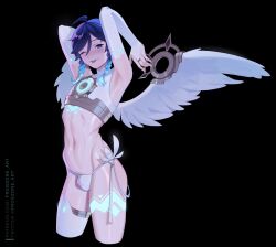 Rule 34 | 1boy, armpits, arms up, blue hair, braid, bridal gauntlets, bulge, chest tattoo, crop top, cropped legs, elbow gloves, feathered wings, frogzone art, genshin impact, gloves, glowing tattoo, gradient hair, highres, leg tattoo, light blush, looking at viewer, multicolored hair, one eye closed, panties, single thighhigh, smile, solo, tattoo, thighhighs, thong, tongue, tongue out, trap, twin braids, underwear, venti (archon) (genshin impact), venti (genshin impact), white panties, white wings, wings