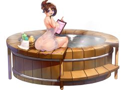 Rule 34 | 1girl, areola slip, ass, bathtub, battery indicator, blue eyes, blush, breasts, brown hair, bucket, butt crack, clipboard, covered erect nipples, earpiece, english text, full body, green wristband, hair ornament, hairclip, heart, highres, holding, holding clipboard, huge ass, khan the swift, large breasts, last origin, looking at viewer, looking back, median furrow, mole, mole under mouth, mr.yun, naked towel, official alternate costume, official art, open mouth, petals, ripples, rubber duck, see-through, shampoo bottle, shiny skin, short hair, shoulder blades, sideboob, simple background, sitting, sitting on object, smile, soaking feet, solo, steam, sweat, tachi-e, talon feather (last origin), towel, transparent background, walkie-talkie, wet, wet towel, white towel, wooden bucket
