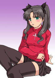 Rule 34 | 00s, 1girl, black hair, black thighhighs, blush, breasts, covered erect nipples, fate/stay night, fate (series), g-tetsu, hair ribbon, medium breasts, ribbon, solo, thighhighs, tohsaka rin, turtleneck, twintails, two side up, zettai ryouiki
