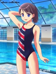Rule 34 | 1girl, arm behind head, blue eyes, blue one-piece swimsuit, breasts, brown hair, cloud, collarbone, competition swimsuit, lane line, long hair, looking at viewer, multicolored one-piece swimsuit, np kikaku, one-piece swimsuit, open mouth, original, ponytail, pool, print one-piece swimsuit, print swimsuit, sky, small breasts, smile, speedo (company), standing, swimsuit, water, window