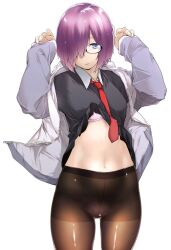 Rule 34 | 1girl, arms up, blue eyes, bra, bra peek, clothes lift, collared shirt, fate/grand order, fate (series), hair over one eye, jacket, looking at viewer, mash kyrielight, minakuchi takashi, necktie, open clothes, open jacket, panties, panties under pantyhose, pantyhose, purple hair, red necktie, shirt, shirt lift, short hair, simple background, solo, thighband pantyhose, underwear, white background