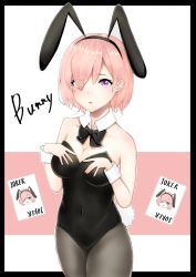 Rule 34 | 1girl, alternate costume, animal ears, artist request, bare shoulders, black bow, black bowtie, black pantyhose, bow, bowtie, breasts, card, cleavage, collarbone, commentary request, eyes visible through hair, fake animal ears, fate/grand order, fate (series), hair over one eye, highres, joker (playing card), leotard, light purple hair, looking at viewer, mash kyrielight, medium breasts, navel, pantyhose, parted lips, playboy bunny, playing card, purple eyes, rabbit ears, rabbit tail, short hair, solo, tail, wrist cuffs