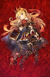 Rule 34 | 10s, 1girl, armor, belt, blonde hair, boots, bow, bracelet, brooch, cagliostro (granblue fantasy), cape, flower, full body, granblue fantasy, hairband, head tilt, highres, jewelry, kawakami shuuichi, knee boots, long hair, lying, on back, parted lips, purple eyes, red background, red bow, red cape, red skirt, revision, ring, rose, skirt, solo, spiked hairband, spikes, test tube, thighhighs