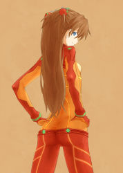 Rule 34 | 00s, 1girl, blue eyes, bodysuit, brown hair, butt crack, chi (pixiv2035), chikuyama, evangelion: 2.0 you can (not) advance, hands on own hips, multicolored clothes, neon genesis evangelion, plugsuit, rebuild of evangelion, solo, souryuu asuka langley, test plugsuit