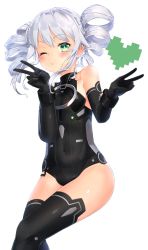 Rule 34 | 1girl, black sister, blowing kiss, blush, breasts, drill hair, elbow gloves, gloves, green eyes, heart, highres, hitogata ningen, long hair, looking at viewer, neptune (series), o3o, one eye closed, open mouth, puckered lips, smile, solo, symbol-shaped pupils, thighhighs, twin drills, uni (neptunia), v, white hair, wink