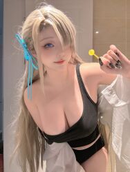 Rule 34 | asuna (blue archive), asuna (blue archive) (cosplay), black nails, blonde hair, blue archive, blue eyes, blue ribbon, breasts, candy, cosplay, cosplay photo, food, highres, large breasts, lollipop, panties, photo (medium), real life, ribbon, underwear