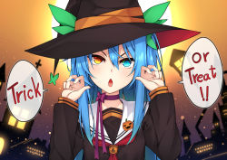 Rule 34 | &gt;:o, 1girl, :o, blue eyes, blue hair, brown shirt, choker, commentary, english text, hair between eyes, halloween, hands up, hat, healther, heterochromia, long hair, long sleeves, looking at viewer, orange eyes, original, purple neckwear, sailor collar, shirt, solo, trick or treat, upper body, v-shaped eyebrows, witch hat