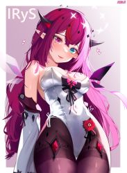 Rule 34 | absurdres, black wings, blue eyes, blush, breasts, character name, cleavage, commentary, covered navel, crystal wings, detached sleeves, detached wings, double halo, english commentary, fangs, halo, heart, highres, hololive, hololive english, horns, irys (irys 2.0) (hololive), irys (hololive), kkato, large breasts, leotard, long hair, looking at viewer, looking down, navel, nontraditional playboy bunny, open mouth, pink eyes, pointy ears, purple hair, purple thighhighs, red hair, thighhighs, virtual youtuber, white leotard, white sleeves, white wings, wings