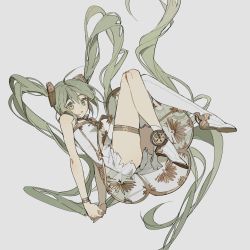Rule 34 | 1girl, :o, ahoge, bare shoulders, blush, boots, bow, bracelet, commentary, dress, green eyes, green hair, hatsune miku, highres, jewelry, knee strap, long hair, looking at viewer, md5 mismatch, open mouth, pale color, see-through, short dress, single thighhigh, sleeveless, sleeveless dress, solo, tareme, thigh boots, thigh strap, thighhighs, twintails, very long hair, vocaloid, white dress, zhibuji loom