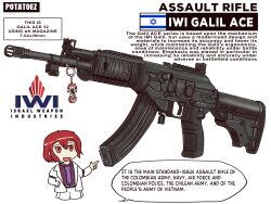 Rule 34 | 1girl, artist name, assault rifle, belt, black belt, character charm, character doll, charm (object), chibi, collared shirt, commentary, company name, cropped torso, double-parted bangs, english text, galil ace, gun, hair between eyes, hand in pocket, hexagram, highres, holding, horikawa raiko, israeli flag, jacket, lapels, logo, long sleeves, looking ahead, necktie, no nose, notched lapels, open mouth, pants, pointing, pointing to the side, potatoez, purple necktie, purple shirt, red eyes, red hair, rifle, shirt, simple background, speech bubble, star of david, touhou, weapon, weapon focus, weapon name, white background, white jacket, white pants