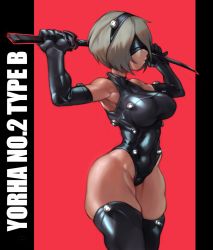Rule 34 | 1girl, adapted costume, black blindfold, black gloves, black leotard, black thighhighs, blindfold, boots, breasts, character name, cosplay, covered eyes, crossover, curvy, elbow gloves, english text, from side, gantz, gantz suit, gloves, highleg, highleg leotard, highres, holding, holding sword, holding weapon, huge weapon, kelvin hiu, large breasts, latex, latex boots, legs together, leotard, looking away, neon trim, nier (series), nier:automata, no pants, ootachi, planted, planted sword, planted weapon, red background, shiny skin, short hair, silver hair, skin tight, solo, standing, sword, thick thighs, thighhighs, thighs, thong leotard, weapon, 2b (nier:automata)