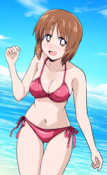 Rule 34 | 1girl, bikini, blue sky, breasts, bright pupils, brown eyes, brown hair, cleavage, cloud, cloudy sky, commentary, cowboy shot, day, dutch angle, girls und panzer, halterneck, highres, horizon, looking at viewer, medium breasts, nishizumi miho, ocean, open mouth, outdoors, pink bikini, ponzu rui, short hair, side-tie bikini bottom, sky, smile, solo, standing, swimsuit, thigh gap, white pupils